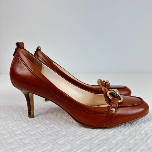 Coach Shoes - [SOLD] COACH Brown Leather Metallic Buckle Detail Preppy Heels / Pumps size 6.5